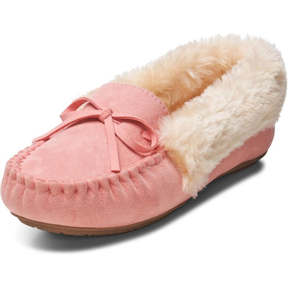 Women’s Faux Fur Pink Bow Lined Slip On Cozy Warm Stylish Durable Slippers Boot